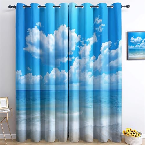 Vorhänge Sonne Strand Platz Motiv, Vorhang Blickdicht Verdunklungsvorhänge Thermovorhang mit Ösen, Blau Gardinen Wohnzimmer Schlafzimmer Fenster H183 x B117 cm (2er Pack) Vorhänge für Kinder Jungen von Generic