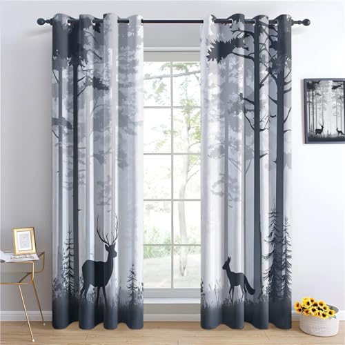 Vorhang Urwald Hirsch und Fuchs Verdunkelungsvorhänge mit Aufdruck Gardinen mit Ösen Grau Superweich Vorhang Blickdicht für Deko Wohnzimmer Schlafzimmer H215x B110 cm (2er Pack) von Generic