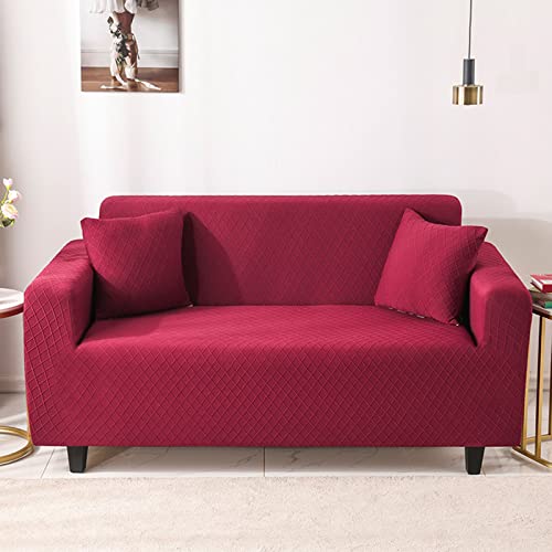 Weicher Sofabezug aus Jacquardstoff, Stretch-Sofabezug, universeller, einfarbiger Couchbezug mit elastischer Unterseite, Rutschfester Schaumstoff, Rot, 4-Sitzer (235–290 cm) von Generic