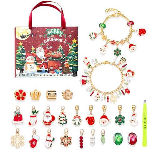 Weihnachts - Adventskalender, Armbänder | Kinder-Adventskalender 2024, Schmuckherstellungsset Für Weihnachts-Countdown-Kalender-Charm-Armbänder, 22 Charm-Perlen, 2 Armbänder, Armband-Bastelset, von Generic