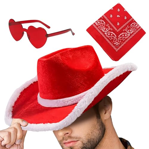 Weihnachts-Cowboyhüte Set, Weihnachts-Cowboyhüte Set, Cowboyhut Cosplay Westernhut 3X Weihnachtspartyhut mit Bandana und Herzbrille, Cowhut von Generic