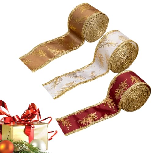 Weihnachtsband Zum Basteln - Geschenkband, 1,5 Zoll Breite Weihnachtsverpackungsbänder | 3 Rollen Satinband, Dekorativer Krawatten-Luftschlangen, Bauernhaus-, Glitzerndes Goldenes Muster von Generic