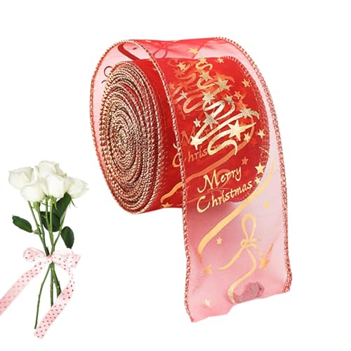 Weihnachtsband mit Draht – 2,5-Zoll-Weihnachtsband mit Draht zum Verpacken | 2,2 Yard Weihnachtsband | Rotes Glitzerband | Transparentes Samtband aus rotem Organza zum Verpacken von Generic