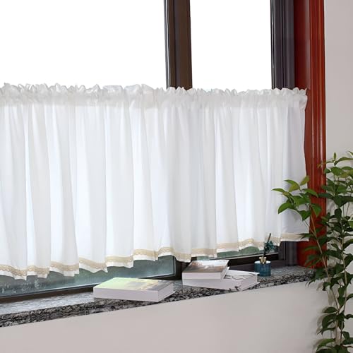 Weiß Küchen Kurzgardine mit Spitzenrand, Landhausstil Scheibengardine Breit Kleinfenster Kurze Fenster mit Stangentaschen(H130 x W300cm/51x118in) von Generic