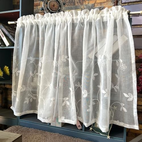 Weiß Sheer Voile Vorhänge Blumenblatt Stickerei Transparente Scheibengardine mit Stangentaschen Küchen Cafe Kurzgardine (Color : White, Size : 100x30cm/39x12in) von Generic