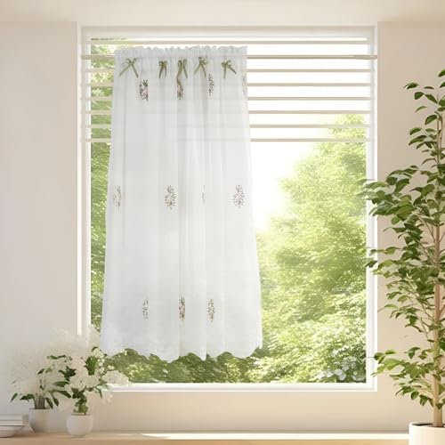 Weiß Voile Kurzgardine, Rosenblütenstickerei Küchenvorhang, Transparente Scheibengardine mit Schleife für Wohnzimmer Schlafzimmer((WxL) 150x93cm/59x37in) von Generic