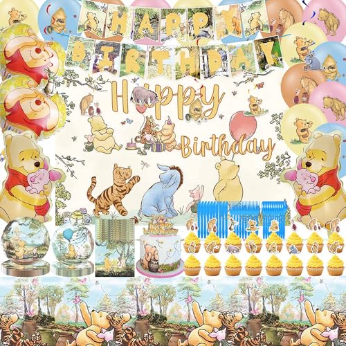 Winnie Babyparty-Dekorationen, Winnie Geburtstagsdekorationen - Luftballons Hintergrund Happy Birthday Banner Kuchen Cupcake Toppers Hängende Wirbel Geschirr Set Tischdecke für Classic Winnie Party von Generic