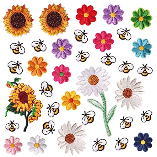 Yayatty 36 Stück Sonnenblume Applikation Blumen Schmetterlinge Bügelflicken Patches zum Aufbügeln, Gestickten Aufnäher für T-Shirt Jeans Taschen Kleidung von Generic