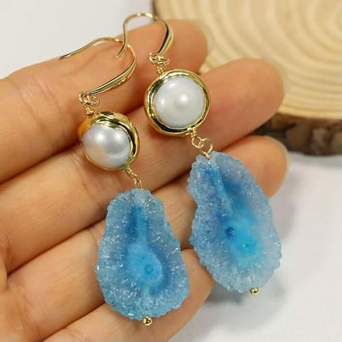 Zuchtperlen Weiß Vergoldet Blauquarz Raue Baumeln Haken Ohrringe Für Dame Zuchtperlen Weiß Vergoldet Blauquarz Raue Baumeln Haken Ohrringe Für Dame von Generic