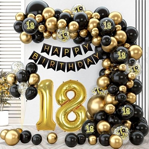 Dekorationsset zum 18. Geburtstag, Luftballons zum 18. Geburtstag, Schwarzgold, 18. Geburtstag, mit Happy Birthday-Banner, 88 Stück, Dekoration für Party und Geburtstag von Genérico