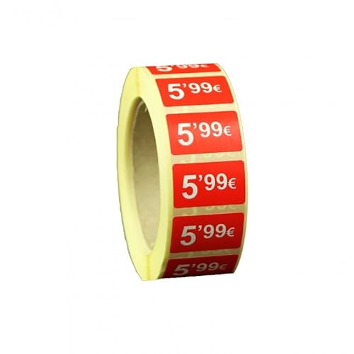 Selbstklebende Werbeetiketten, 5,99 €, 6000 Aufkleber, 25 x 15 mm, Rot, glänzend, 6 Rollen von Genérico