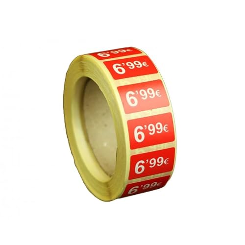 Selbstklebende Werbeetiketten, 6,99 €, 6.000 Aufkleber, 25 x 15 mm, Rot, glänzend, 6 Rollen von Genérico