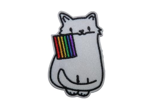 Aufnäher, bestickt, zum Aufbügeln, Motiv: weiße Katze, Regenbogen-Flagge von Générique