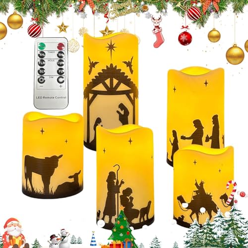 Flammenlose Krippenkerzen - verstellbar, 5er Set, Innendekoration, batteriebetrieben | LED Krippenkerzen Set, Krippenset mit beleuchtetem Weihnachtsschmuck von Générique