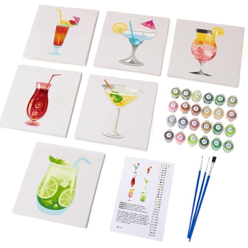 Générique Cocktail Paint by Numbers, 6-teiliges Malset für Erwachsene, 5,91 x 5,91 Zoll, handbemaltes Öl-Kunst-Set mit Pinseln und Acrylfarben, Wanddekoration von Générique