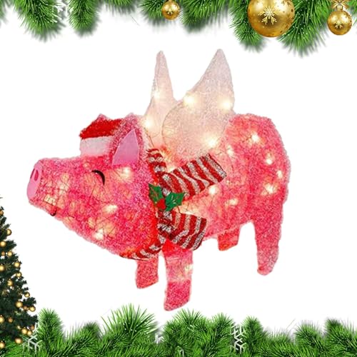 Générique Weihnachtsschweinchen-Dekorationen im Freien – beleuchtete Gartenstatuen | Fliegendes Schwein mit Hut und Schal, künstlerische Dekoration für Hof und Garten von Générique