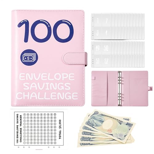 100 Briefumschläge-Spar-Challenge,100 Briefumschlag-Spar-Challenge-Ordner | Geldumschlagbinder Geldbinder-Organizer | Geld-Budget-Ordner, tragbares Bargeld-Budget, Binder-Spar-Challenge für Kinder von Generisch