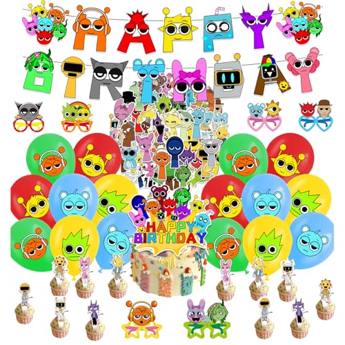 106pcs Sprunki Birthday Party Decoration Supplies - 12 Cake Topper, 16 Ballons, Happy Birthday Banner, 12 Fun Eyeglasses, 50 Stickers, 1 Large Cake Topper Set von Generisch