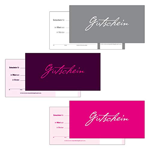 12 Gutscheine Gutscheinkarten Geschenkgutscheine – edel neutral 3 Motive im Mix Silber Aubergine und Pink von Generisch