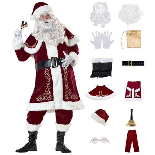 12-teiliges Herren-Weihnachtsmann-Kostüm, Outfits, Anzug für Erwachsene, Cosplay, Weihnachten, Party, Neuheit, Tops, Hosen, ausgefallenes Kleidungsset, Deluxe-Weihnachtsmann-Kostüm-Set für von Generisch