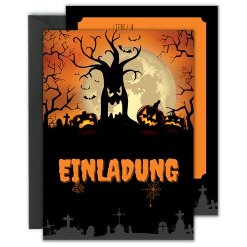 12x EINLADUNGSKARTEN + Umschläge für Halloween Party – gruselige Karten mit Kürbis Motiv – Diese Karten sind die perfekte Einladung zur Halloweenfeier – für echte Horror Fans, Orange von LNEE