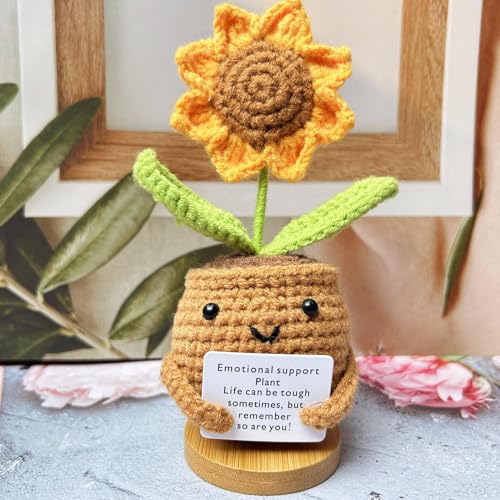 13 cm Emotionale Unterstützung Häkelpflanzenpuppe Positive Häkelpuppe Positive Sonnenblume Häkeln Handgemachte Emotionale Unterstützung Strickspielzeug Mit Ermutigungskarte Lustige Positive von Generisch