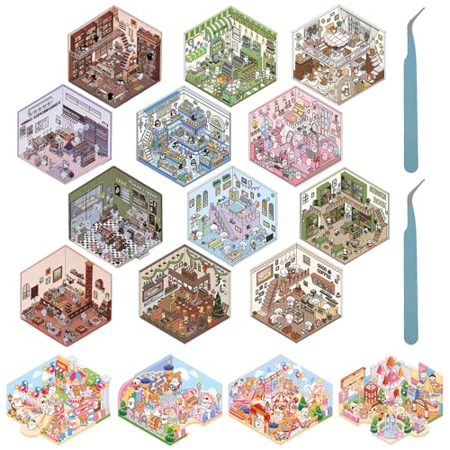 16PCS DIY 3D House Stickers 4 Verschiedene Themen Schnittfreies Design 3D Miniatur Haus Sticker mit 2 Pinzette Realistisch Miniatur Szenen Aufkleber für Erwachsene Kinder von Generisch