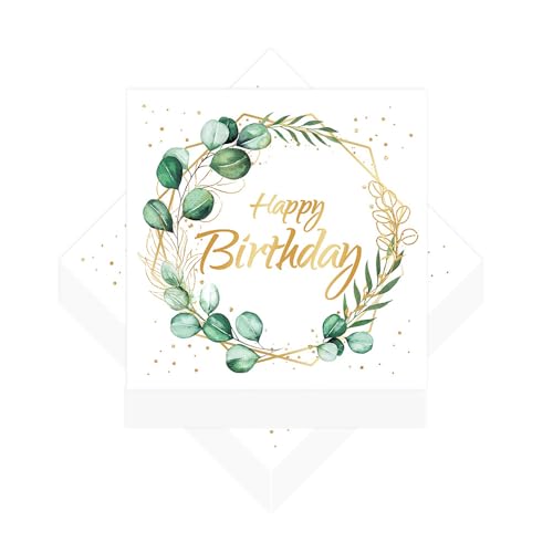 20 Servietten Geburtstag, Servietten Eukalyptus, Servietten Eukalyptus als Tischdeko, Servietten Happy Birthday um Eukalyptus weiß, tischdeko geburtstag, für Geburtstag Hochzeit Taufe Kommunion von Generisch