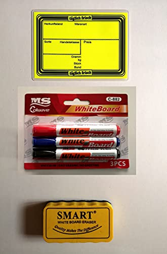 20 laminierte Preisschilder 111 x 154 mm neon-gelb + 3 Marker + 1 Schwamm zum Löschen für Obst und Gemüse mit Aufdruck von Generisch