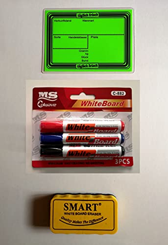 20 laminierte Preisschilder 111 x 154 mm neon-grün + 3 Marker + 1 Schwamm zum Löschen für Obst und Gemüse mit Aufdruck von Generisch