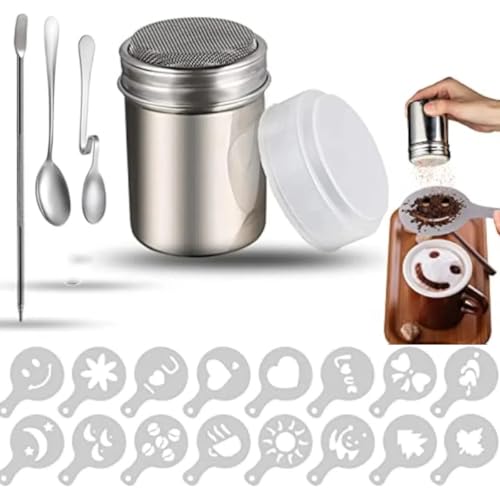 20Pcs Kaffee Dekoration Schablonen Set – 1 Stück Pulverstreuer aus Edelstahl mit 16 Stück Kaffee-Schablonen Latte Art Stift, Kakao Shaker, Kaffee Schablone, Löffel von Generisch