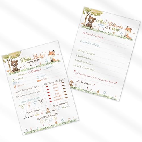 20x Waldtiere Baby Tippkarten | Babyparty Spiel | Baby Ratespiel | Babyparty Ausfüllkarten | Wunschkarten | Babyshower Geschenk | Babytippkarten | DIN A5 | Karten zum Ausfüllen (Waldtiere) von Generisch