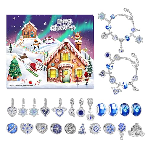 24 Tage Weihnachts-Countdown-Kalender-Armbänder-Set, Weihnachts-Adventskalender-Armbänder 2024 für Mädchen | Weihnachts-Adventskalender 2024 Schmuckherstellungsset - Blauer weihnachtlicher 24-Tage-Cou von Generisch