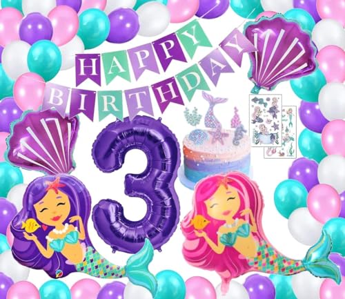 3 Jahre Meerjungfrau Mädchen 3. Geburtstag Deko Folienballons + Riesenzahl 3 Lila 100 cm Motto Moto Party Luftballons Lila Rosa Cupcake Cake 3 Tortendeko Meer Jungfrau 3. Happy Birthday (Zahl 3) von Generisch