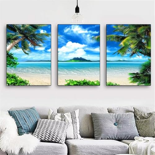 3 Pack DIY 5D Diamond Painting Kit,3 Teilig Diamond Painting Bilder Erwachsene Diamant Stickerei Malerei Crystal Strass Kunsthandwerk für Haus Home Wand Dekor Kokosnussbaum am Meer 120x60cm Y3819 von Generisch