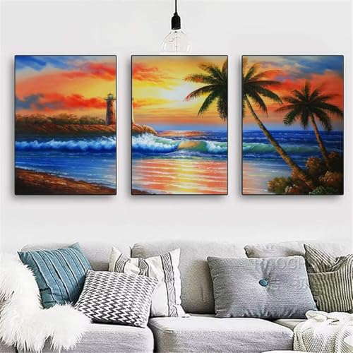 3 Pack DIY 5D Diamond Painting Kit,3 Teilig Diamond Painting Bilder Erwachsene Diamant Stickerei Malerei Crystal Strass Kunsthandwerk für Haus Home Wand Dekor Leuchtturm-Kokosnussbaum 120x60cm Y3869 von Generisch