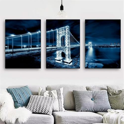 3 Pack DIY 5D Diamond Painting Kit,3 Teilig Diamond Painting Bilder Erwachsene Diamant Stickerei Malerei Crystal Strass Kunsthandwerk für Haus Home Wand Dekor Nachtansicht der Brücke 120x60cm Y3841 von Generisch