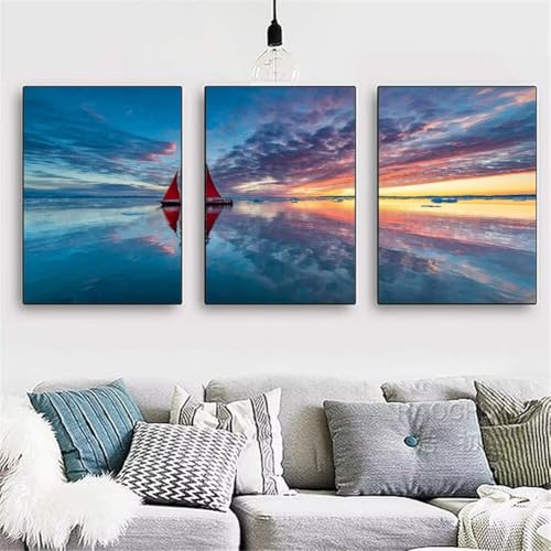 3 Pack DIY 5D Diamond Painting Kit,3 Teilig Diamond Painting Bilder Erwachsene Diamant Stickerei Malerei Crystal Strass Kunsthandwerk für Haus Home Wand Dekor Segelboot-Meer Square 120x60cm Y3907 von Generisch