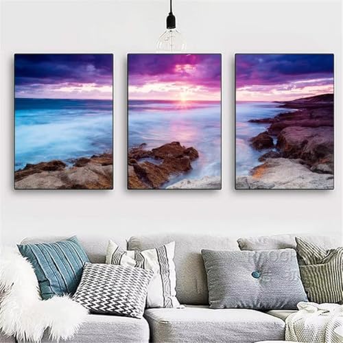 3 Pack DIY 5D Diamond Painting Kit,3 Teilig Diamond Painting Bilder Erwachsene Diamant Stickerei Malerei Crystal Strass Kunsthandwerk für Home Wand Dekor Sonnenaufgang über dem Meer 120x60cm Y3797 von Generisch