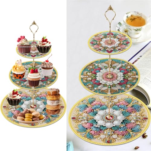 3 Stufig DIY Diamant-Malerei Cupcake Stand, Essen Tablett, Diamond Painting Serviertablett, Diamant Malerei Anzeigeturm Tablett, Cupcake Ständer für Geburtstag, Hochzeit (Blume-02) von Generisch