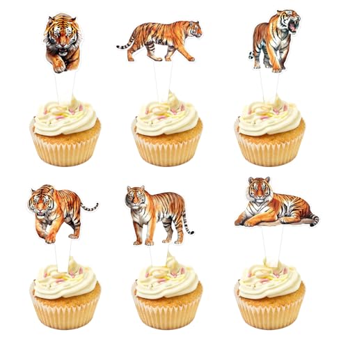 30 Stück Doppelseitiges Tiger Cupcake Topper Partyartikel zum Thema Wildtiere Zoo Tiger Papier Tasse Kuchen Dekoration Tiger Party Event Zubehör Tierkuchendekoration von Generisch