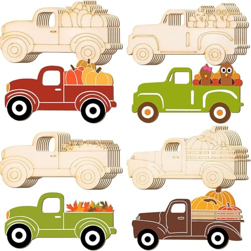 32 Stück Thanksgiving unlackierte Holzausschnitte Herbst LKW Kürbis Ausschnitt Blank LKW Form Holzornament für DIY Thanksgiving Herbst Party Dekoration 4 Stile Nwh136 (Beige, 11 x 6 cm) von Generisch