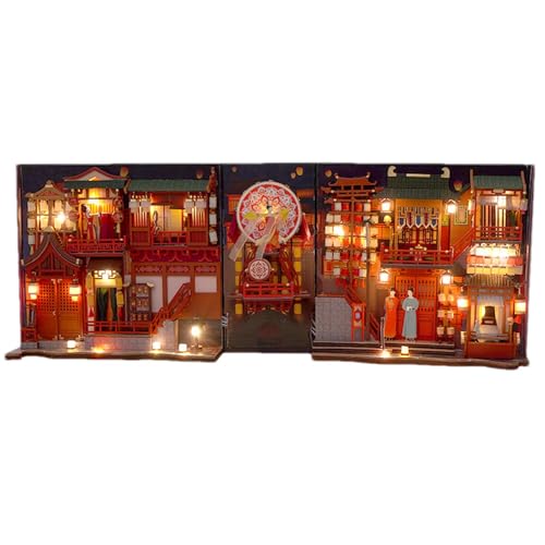 3D-Buchstütze aus Holz – Tang-Dynastie-Buchecke, Miniatur-Set, Buchdekoration mit LED-Licht, Buchecke, Bücherständer, Miniaturraum, Puzzle-Haus-Modellbausätze mit LED-Lichtern für Zuhause, von Generisch