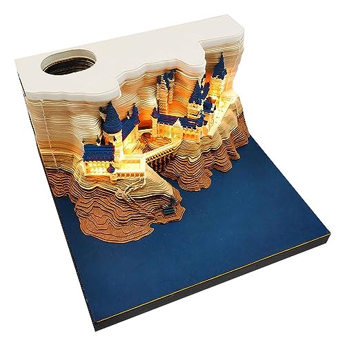 3D Castle Wochenkalender Notizblock mit Licht Schreibtisch Kalender Memo Pad Kreative Papierschnitzerei Kunst Handwerk Desktop Dekoration Haus Skulptur Geschenk von Generisch