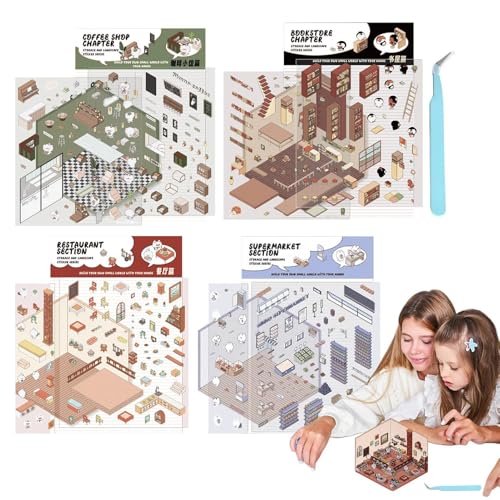 3D Haus Aufkleber 4 Sets, 3D Aufkleber, 3D Sticker Kinder Erwachsene, Szene Aufkleber Supermarkt, Coffee Shop, Restaurant Buchhandlung, DI-Y Papier Haus 3D Aufkleber Für Relief Stress Pass Die Zeit von Generisch