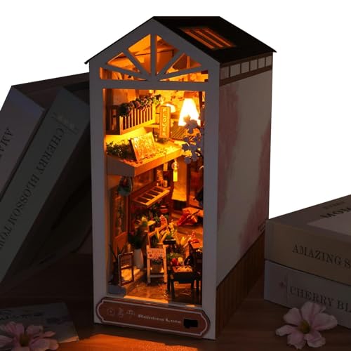 3D Holzpuzzle Buchstütze,Nach dem Regen Book Nook Kit | Buchecke, Bücherständer, Miniaturzimmer, Puzzle-Haus-Modellbausätze mit LED-Leuchten für die Dekoration von Bücherregalen zu Hause von Generisch