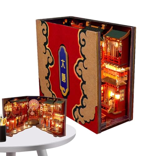 3D-Puzzle-Buchstütze aus Holz, Buchecke | Tang Dynasty Booknook Miniatur-Set, Buchdekoration mit LED-Licht | Book Nook Kit für die Heim-Bücherregal-Dekoration von Generisch