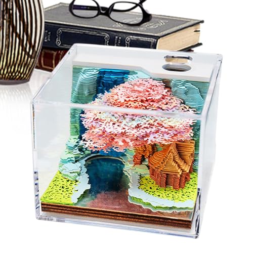 3D künstlerischer Kalender Notizblock mit 3D-Effekten Papierschnitzerei Haftnotizen Einzigartiger Kalender Notizblock Papierschnitzerei Ornament mit Acryl-Staubschutzabdeckung für Freunde von Generisch