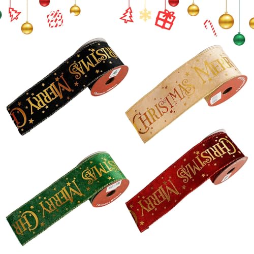 4 Rollen Geschenkband Weihnachten Deko, Weihnachts Schleifenband Bedruckte Weihnachtsmotiv Stoffband Zum Dekorieren Basteln Satinband Geschenk Bänder von Generisch