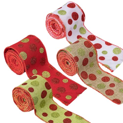 4 Rollen Weihnachtsband Neuestes Weihnachtsbaum Juteband Grün Rot Tupfen Band Weihnachtsbaum Dekoration Schleifen Kranz (3,8 cm x 6 Yard pro Rolle) von Generisch